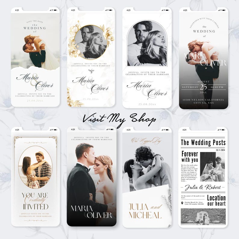 K&ouml;nnte beinhalten: Ein Satz von 10 digitalen Hochzeitseinladungsvorlagen f&uuml;r Mobiltelefone. Die Vorlagen bieten eine Vielzahl von Designs, darunter florale, minimalistische und Vintage-Stile. Der Text auf den Vorlagen enth&auml;lt die Namen des Paares, das Datum der Hochzeit und den Ort der Hochzeit.