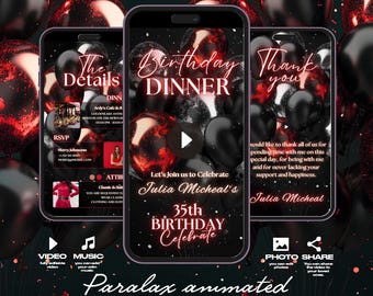 May include: A digital invitation with a black and red balloon theme. The invitation is for Julia Micheal's 35th birthday dinner. The text on the invitation reads "Let's Join us to Celebrate Julia Micheal's 35th Birthday Celebrate".