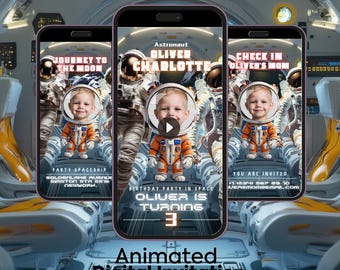 May include: Animated digital invitation for a birthday party in space. The invitation features a photo of a young boy dressed as an astronaut, with the text "Journey to the Moon", "Astronaut Oliver Charlotte", "Check in Oliver's Mom", "Birthday Party in Space Oliver is Turning 3", and "You are invited".