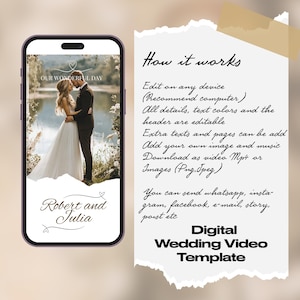 K&ouml;nnte beinhalten: Eine digitale Hochzeitsvideo-Vorlage mit einem Foto eines Paares vor einem See. Der Text "Our Wonderful Day" befindet sich oben auf der Vorlage. Der Text "Robert and Julia" befindet sich unten auf der Vorlage. Der Text "How it works" befindet sich rechts auf der Vorlage. Der Text "Digital Wedding Video Template" befindet sich unten auf der Vorlage.