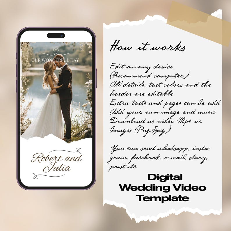 K&ouml;nnte beinhalten: Eine digitale Hochzeitsvideo-Vorlage mit einem Foto eines Paares vor einem See. Der Text "Our Wonderful Day" befindet sich oben auf der Vorlage. Der Text "Robert and Julia" befindet sich unten auf der Vorlage. Der Text "How it works" befindet sich rechts auf der Vorlage. Der Text "Digital Wedding Video Template" befindet sich unten auf der Vorlage.