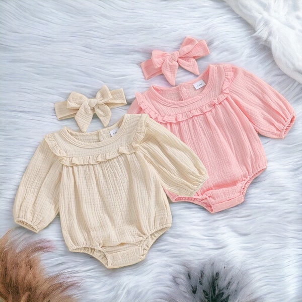 Baby Girl Bubble Romper Spring Jumpsuit, Solid Color Ruffle Romper with Headband, Baby Girl Clothes, Mother's Day Outfit Bubble Romper