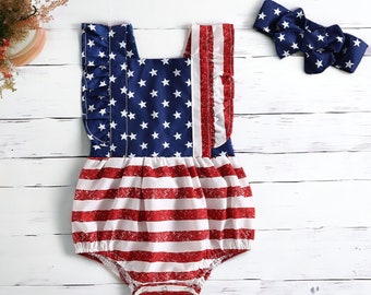 Baby Girl Fourth of July Romper, Baby Shower Gift, Coming Home Outfit With Bow Headband, 1st 4th Of July, Independence Day