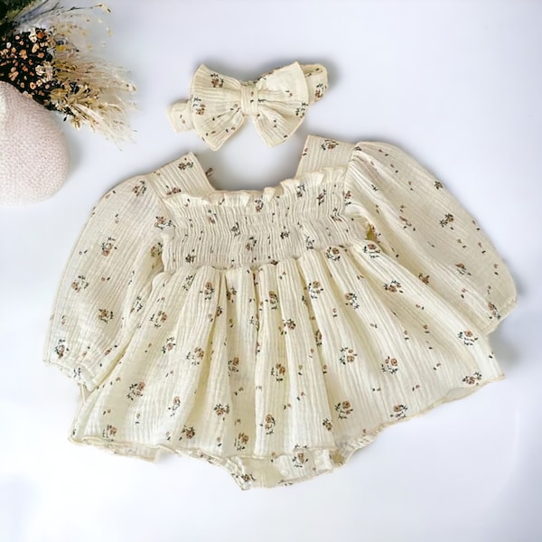 Baby Girl Romper, Baby Shower Gift, Coming Home Outfit, Bubble Romper, Floral Girls One Piece, Linen Infant Clothes
