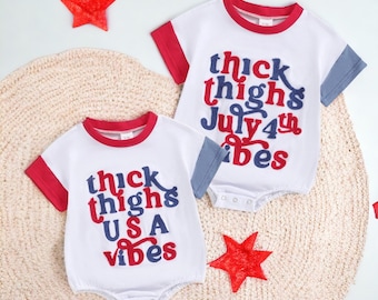 Embroidery Thick Thighs USA Vibes Baby Romper, Retro Party in the USA Romper, Fourth of July, Independence Day, American Vibes Bodysuit