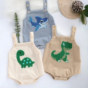 Dinosaur Baby Boy Romper, Romper For Baby Boy, Baby Boy Outfit, Gift For Baby Boy, Dinosaur/Shark Embroidery Button Casual Jumpsuits