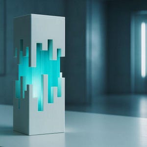 Puede incluir: Lámpara rectangular blanca moderna con un diseño único. Presenta secciones recortadas que revelan una brillante luz turquesa. Esta lámpara decorativa es perfecta para añadir un toque contemporáneo a cualquier habitación. Mide unos 30 cm de alto.