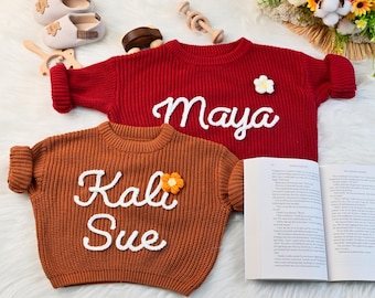 Personalized Baby Sweater, Hand-Embroidered Name, Cotton Knit Jumper