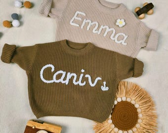 Personalized Baby Sweater, Hand-Embroidered Name, 100% Cotton