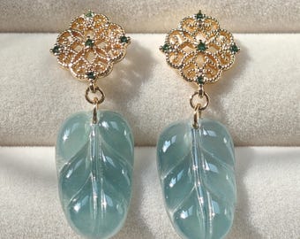 Vintage Blue Jadeite Leaf Earrings, 14k Gold, Burmese Jade