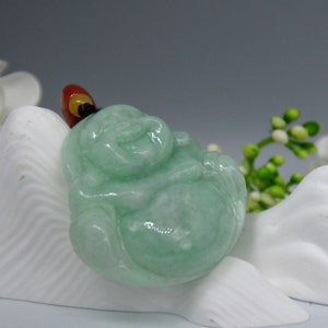 Green Jade Pendant Necklace, Natural Jade Buddha Necklace, Authentic Grade A Burmese Jadeite Happy Buddha Pendant, Good Luck Necklace