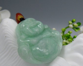 Green Jade Pendant Necklace, Natural Jade Buddha Necklace, Authentic Grade A Burmese Jadeite Happy Buddha Pendant, Good Luck Necklace