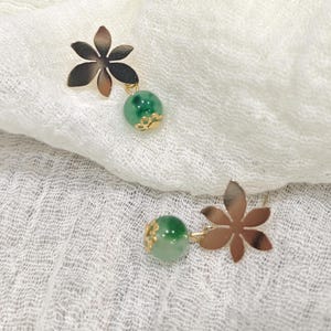 Golden Silver & Green Jade Earrings with Floral Motif - Elegant Handmade Jewelry