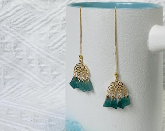 May include: Gold dangle earrings with a delicate, ornate design and a cluster of green gemstone drops.