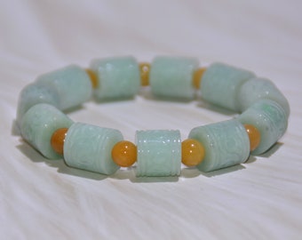 13.3mm Jade Barrel Bead Elastic Bracelet, Exquisite Carving, Elegant Fusion of Light Green and Yellow, Grade A Burmese Jade, Brings Wealth.