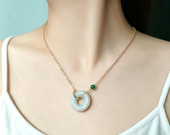 Soft White Jadeite Donut Necklace with Green Accent