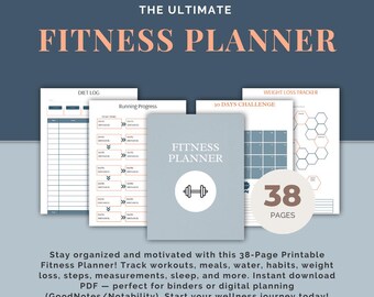 Planificador de fitness de 38 páginas imprimible: entrenamiento, comidas, hábitos y seguimiento de pérdida de peso.