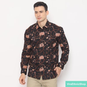 Classic with a Modern Twist: Men&#39;s Black Long Sleeve Batik Shirt, Stylish Men, Men Batik, Batik Shirt, Formal Shirt For Men