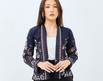 Navy Long Batik Cardigan for Women, Modern Office Attire, Women Blouse, Ethnic Outer, Women Dress, Batik Outer, Outer Women