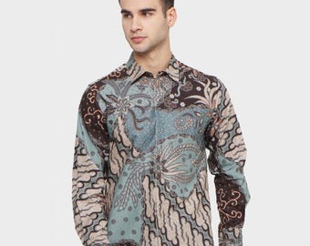 Élégante chemise batik verte Akras - manches longues pour homme, hommes élégants, batik pour hommes, chemise batik, chemise formelle pour homme, batik en coton