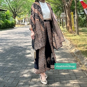 Look elegant in the Outer Set and HANUM Batik Culottes, Womens Modern Viscose Outerwear, Ethnic Outer, Women Dress, Batik Outer, Outer Women