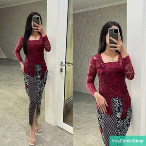 Maroon Long Balinese Kebaya: An Elegant Color Combination with a Silver Skirt, Kebaya Dress, Kebaya Modern, Kebaya Encim, Kebaya Set
