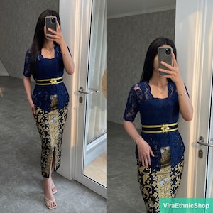 Balinese Kebaya 3/4 Navy Brukat Set: Traditional Elegance with a Modern Touch, Kebaya Dress, Kebaya Modern, Kebaya Encim, Kebaya Set
