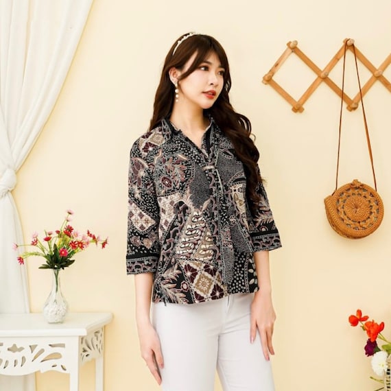 Modern Women's Batik Top with Scarf Neck and Collar Tie, Batik Dress,  Batik, Boho Dress, Ethnic Dress,Women Dress,Women Formal,Women Blouse