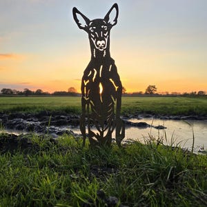 Peut inclure: Une silhouette de chien en métal noir debout dans un champ d'herbe verte. Le chien fait face à l'appareil photo et le soleil se couche derrière lui, créant une lueur chaude.