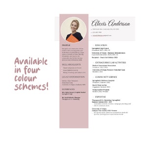 Op de afbeelding: Een roze en witte cv-sjabloon met een foto van een vrouw in een cirkel bovenaan. De cv bevat secties voor profiel, vaardigheden, erfenisinformatie, referenties, opleiding, buitenschoolse activiteiten, maatschappelijke betrokkenheid en expertise. De cv is voor Alexis Anderson.