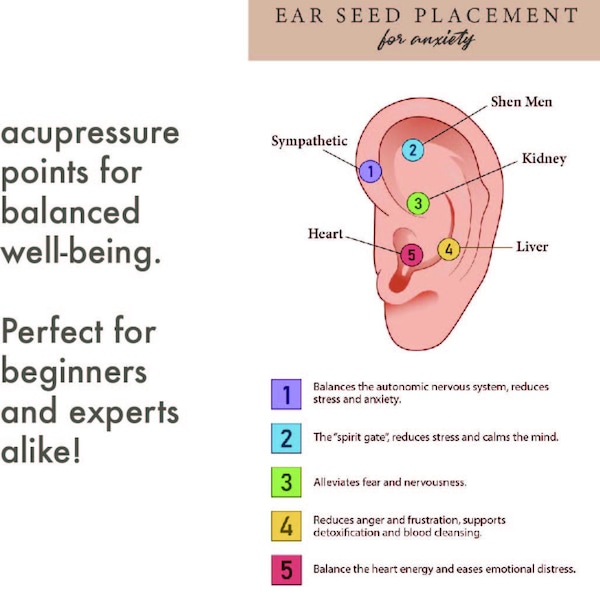 Tableau de placement des graines d’oreille d’anxiété, guide complet du tableau d’oreille d’acupuncture, tableau d’ensemencement des oreilles, aide à placer les graines d’oreille, aide-mémoire