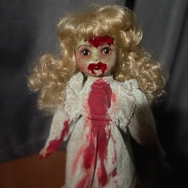 Creepy Doll with Music Box Blonde Curly Hair OOAK Handmade Porcelain Bloody Zombie Spooky Halloween Decor Haunted Horror Prop Unique Gift