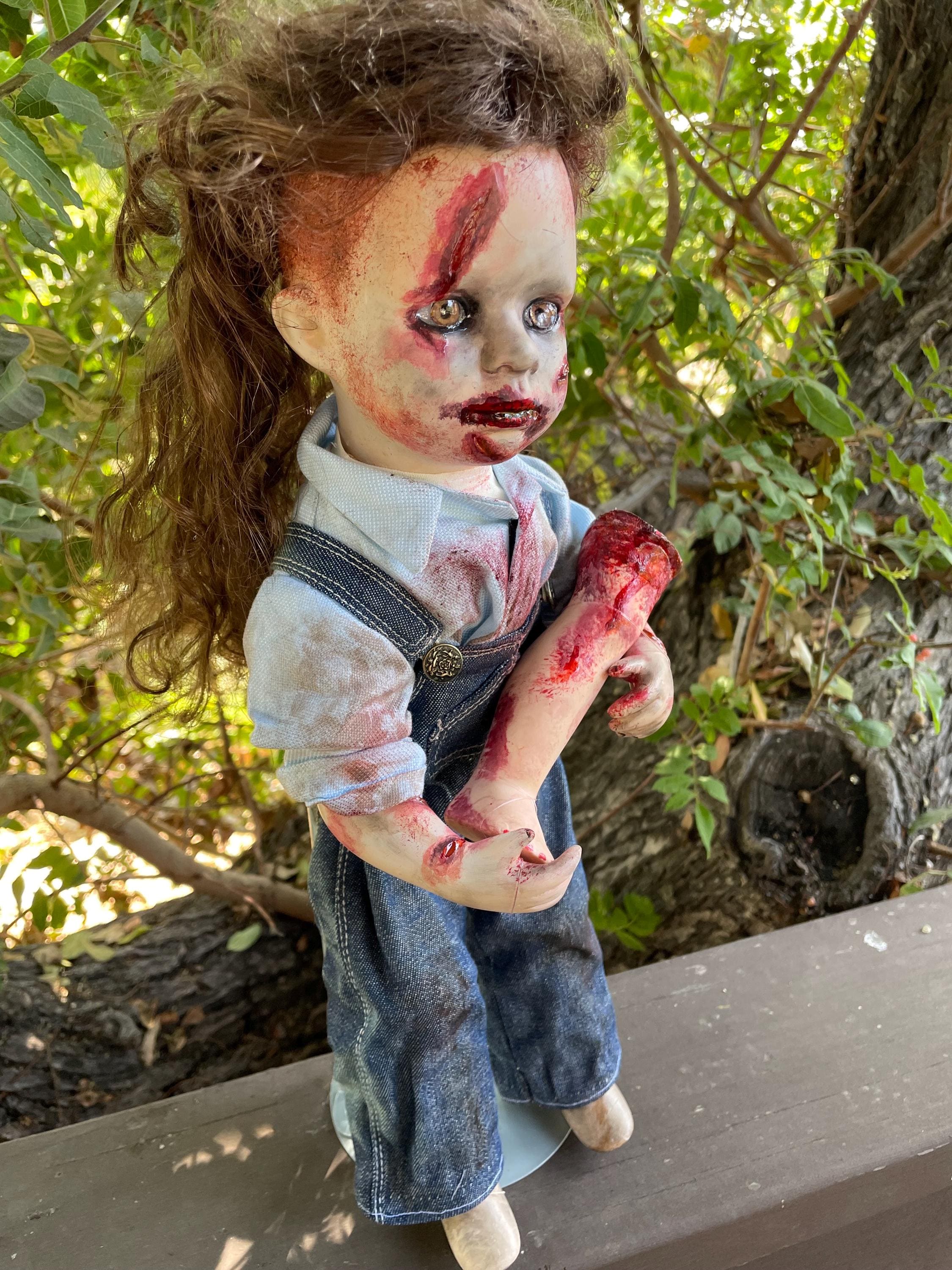 Bloody Zombie Doll, Creepy Porcelain with Mullet Hair and Overalls,  Handmade, Repainted, Upcycled, Repurposed Scary Horror Gift Idea