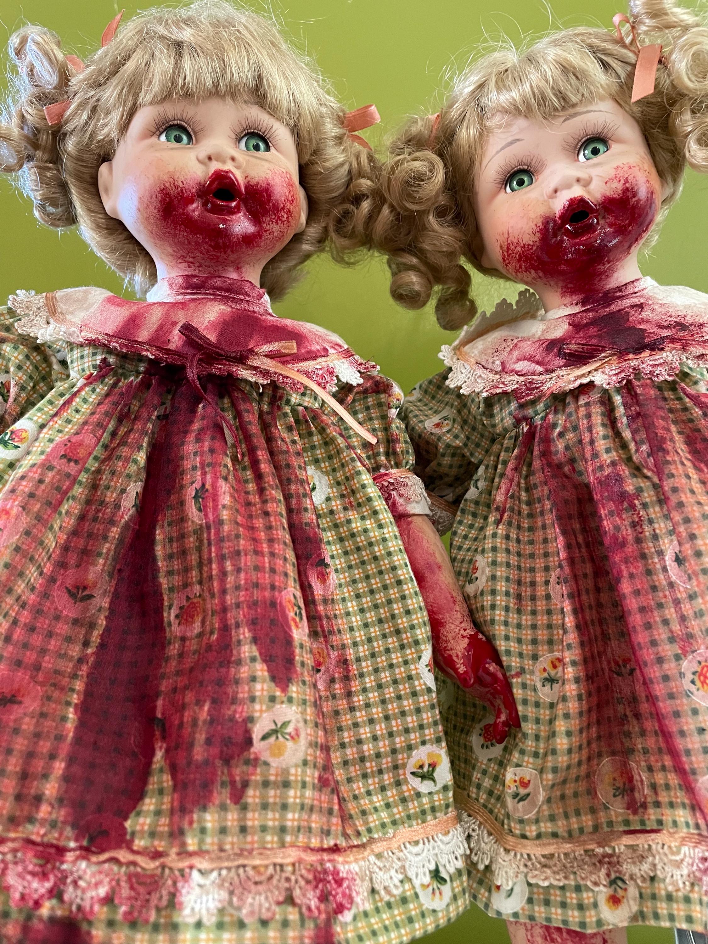 Creepy Twin Zombie Dolls: Handmade Horror Decor, Vintage Porcelain