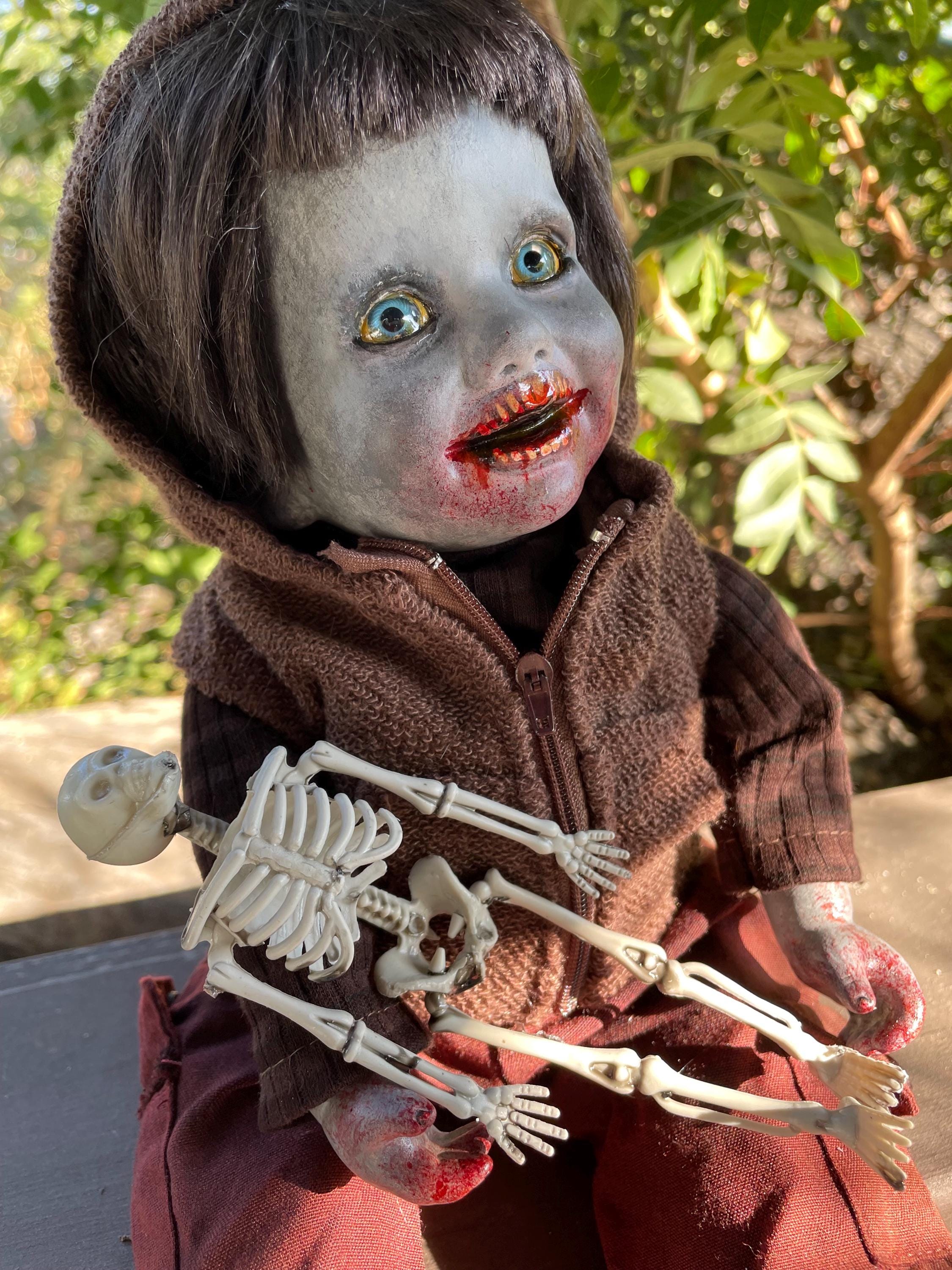 Creepy Zombie Doll: Bloody Mouth, Skeleton Toy Repurposed
