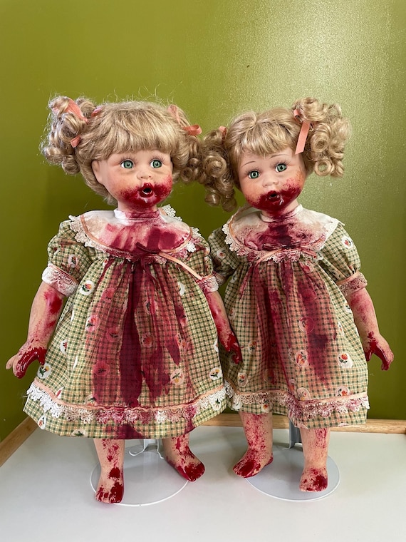 Creepy Twin Zombie Dolls: Handmade Horror Decor, Vintage Porcelain