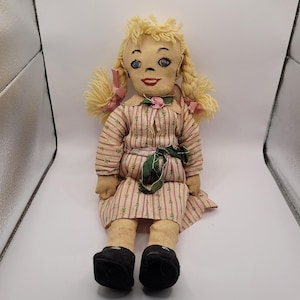 Antique Cloth Rag Doll Primitive Folk Art Style Hand Painted Vintage 16&quot;