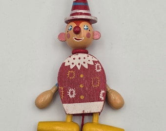 Vintage Painted Wooden Pull String Toy Clown Puppet Ornament Jumping Jack