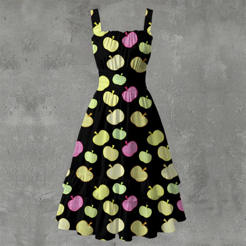 May include: A black dress with a pattern of yellow, pink, and green apples. The dress has a fitted bodice, a flared skirt, and spaghetti straps. The skirt has a ruffled hemline.