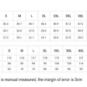 May include: A size guide chart with measurements in inches and centimeters. The chart includes length, bust, and waist measurements for sizes S through 6XL. The text at the bottom states the size chart is manually measured, with a 3cm margin of error.