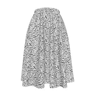 May include: A white skirt with a repeating pattern of black and gray numbers. The skirt has a flared silhouette and a gathered waistband, creating a full, flowing look. The numbers are of varying sizes and orientations.