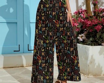 ABC Lettering Antiqua | For Teachers, Educators, Hyperlexic | Women's Lightweight Wide-Leg Pants With Pockets