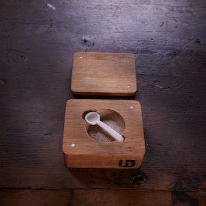 Wood Salt Cellar with porcelain spoon