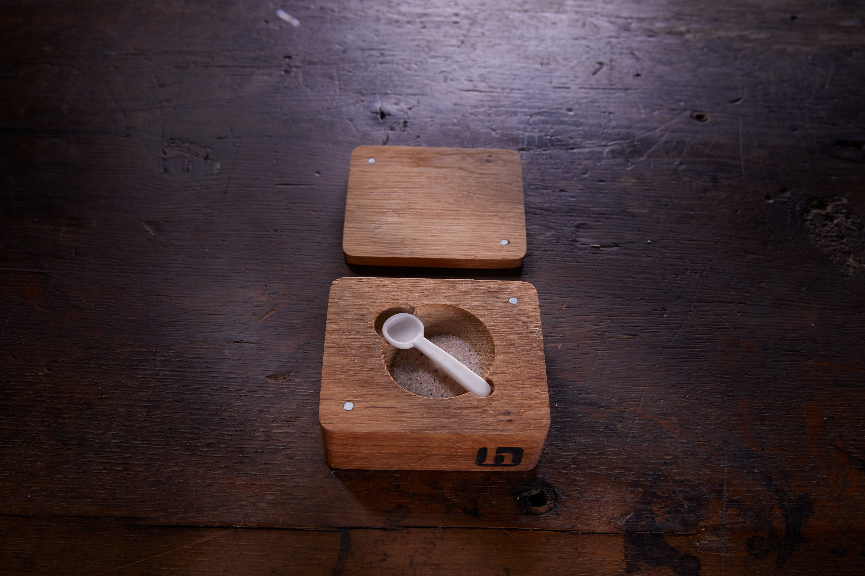 Wood Salt Cellar with porcelain spoon