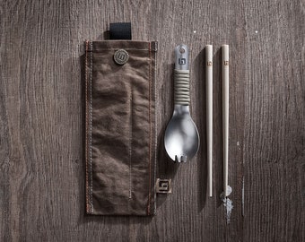 Outdoor cutlery set with titanium spork (spoon and fork) and chopsticks in a beautiful waxed cotton bag - Camping gift
