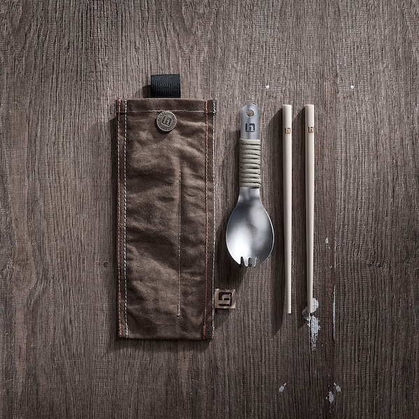 Outdoor cutlery set with titanium spork (spoon and fork) and chopsticks in a beautiful waxed cotton bag - Camping gift