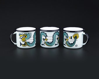 Camp Enamel mug "Surfing Dragon" - thick quality and bold motif: the Japanese dragon - gift for any occasion