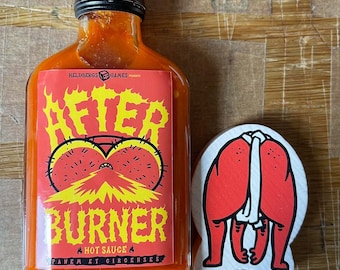 Hot Sauce &quot;After Burner&quot; - spicy  chili sauce with Trinidad scorpion chili - Gift Set with sumo wrestler figure