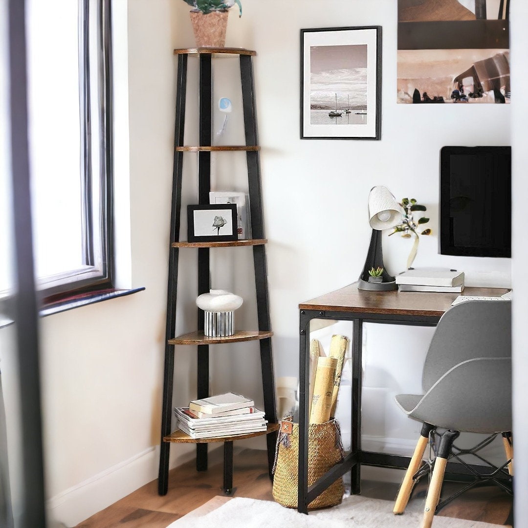 5tier Industrial Corner Shelf Ladder Bookcase With Metal Etsy UK
