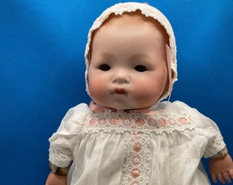 c 1900 Armand Marseille German Bisque-head 'My Playmate' 14-inch doll, male?  In baptismal gown, marked, fair, truly charming + precious!